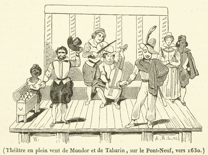 Freilufttheater von Mondor und Tabarin, auf der Pont-Neuf, um 1630 (Gravur) von French School