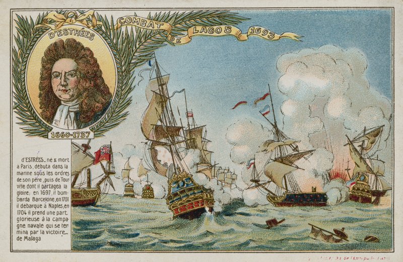 Handelskarte mit einem Bild, das die Schlacht von Lagos darstellt von French School