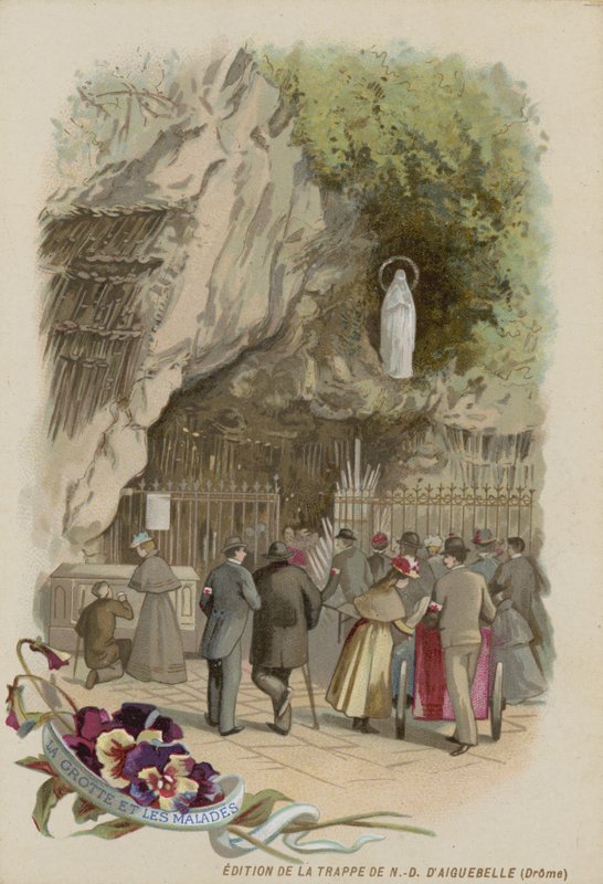 Werbekarte mit einem Bild der Grotte von Lourdes von French School