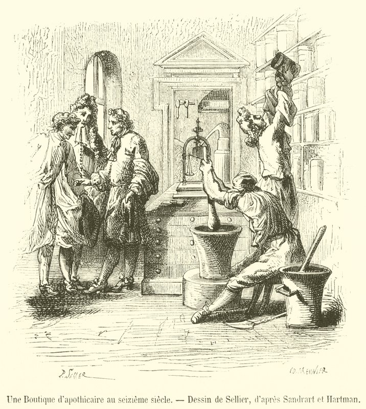 Eine Apothekerwerkstatt im 16. Jahrhundert (Stich) von French School
