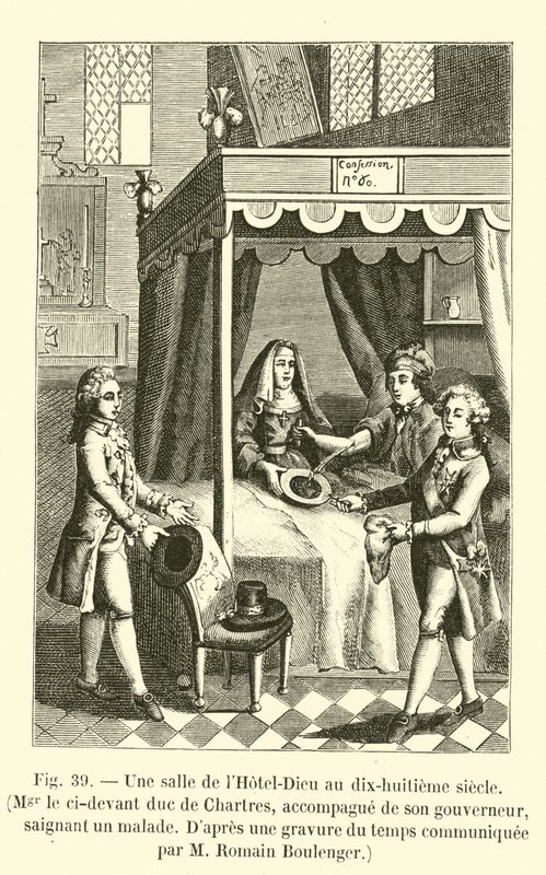 Ein Saal des Hôtel-Dieu im achtzehnten Jahrhundert, Mgr der ehemalige Herzog von Chartres, begleitet von seinem Gouverneur, behandelt einen Kranken, nach einem zeitgenössischen Stich von M. Romain Boulenger von French School