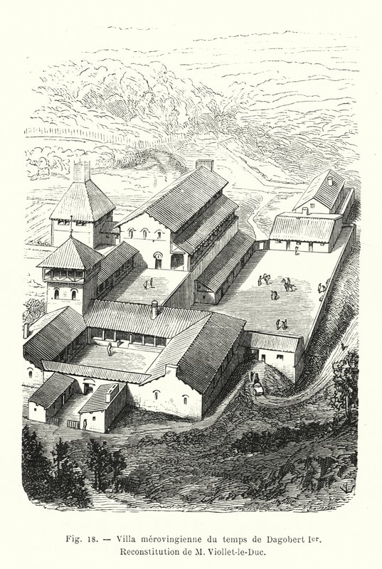 Merowingische Villa zur Zeit von Dagobert I., Rekonstruktion von M. Viollet-le-Duc (Gravur) von French School