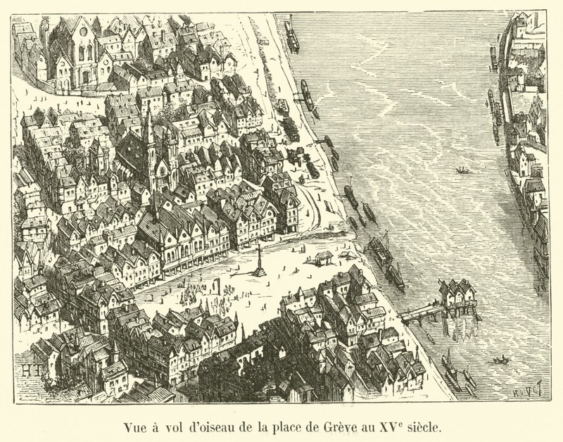 Vogelperspektive des Place de Greve im 15. Jahrhundert von French School
