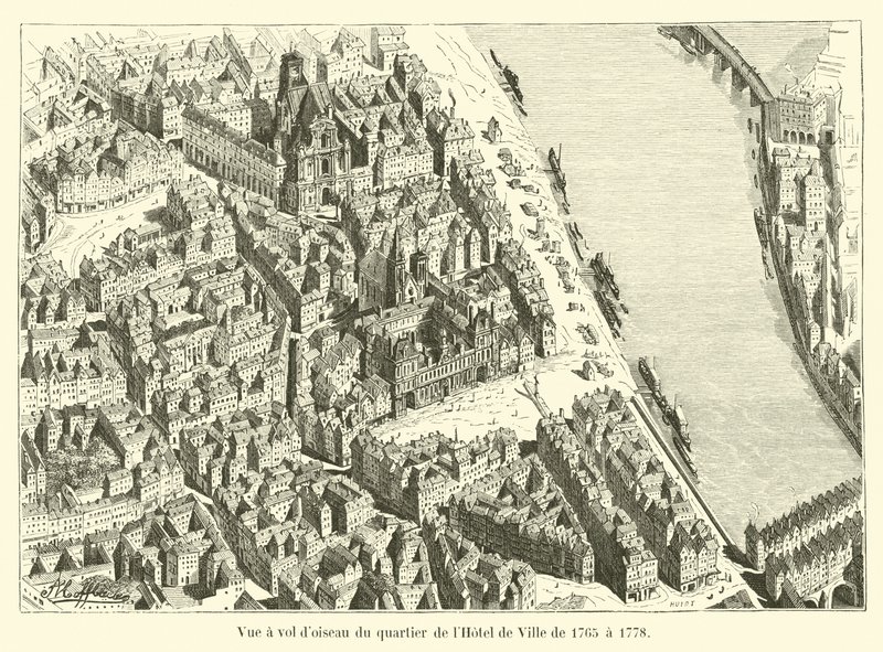 Vogelperspektive des Viertels des Hotel de Ville von 1765 bis 1778 von French School