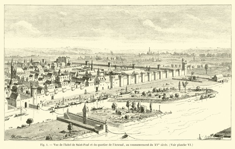 Blick auf das Hotel von Saint-Paul und das Arsenalviertel, Anfang des 15. Jahrhunderts, siehe Tafel VI von French School