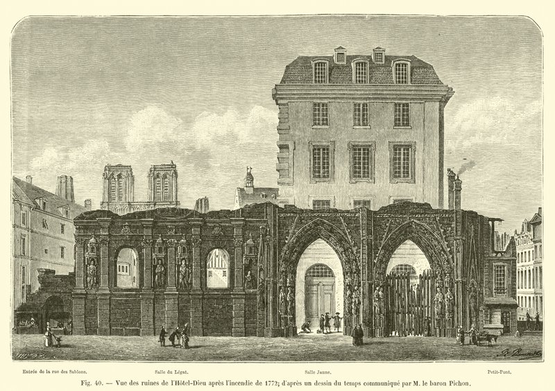 Ansicht der Ruinen des Hôtel-Dieu nach dem Brand von 1772, nach einer zeitgenössischen Zeichnung von M. Baron Pichon von French School
