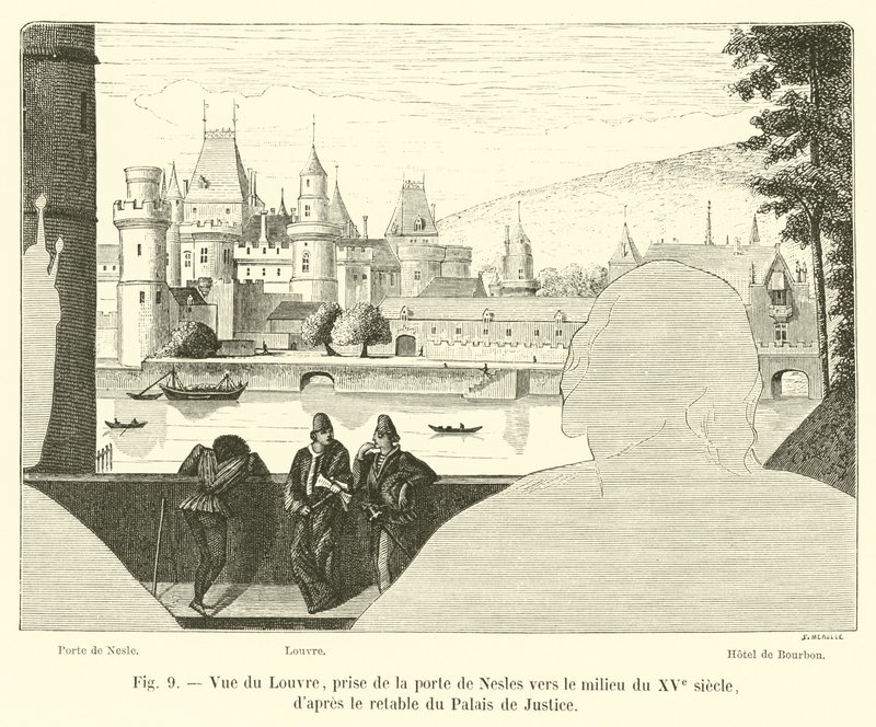Ansicht des Louvre, von der Porte de Nesles, Mitte des 15. Jahrhunderts, nach dem Altarbild des Justizpalastes von French School