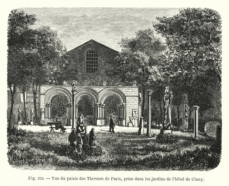 Ansicht des Palais des Thermes von Paris, aufgenommen in den Gärten des Hôtel de Cluny von French School
