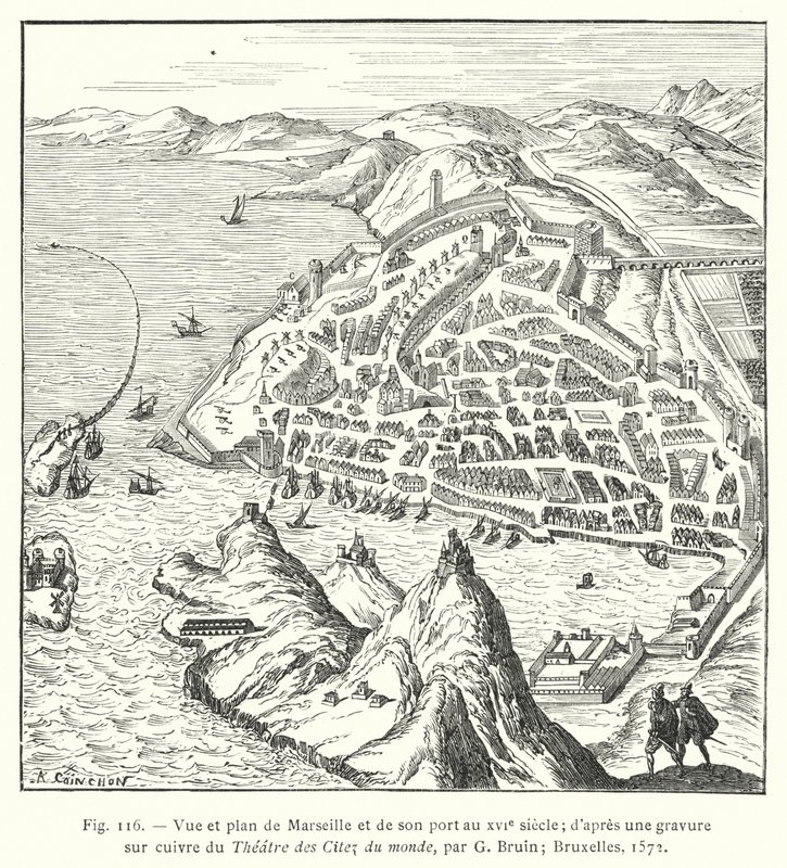 Ansicht und Plan von Marseille und seinem Hafen im 16. Jahrhundert; nach einem Kupferstich aus dem Théâtre des Citez du monde, von G. Bruin; Brüssel von French School