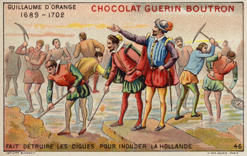 Wilhelm von Oranien zerstört Deiche, um Holland zu überfluten (Chromolithografie) von French School