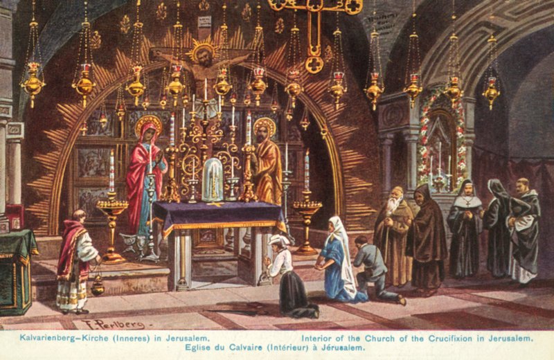 Altar der Kreuzigung, Kirche des Heiligen Grabes, Jerusalem (Farblithografie) von Friedrich Perlberg