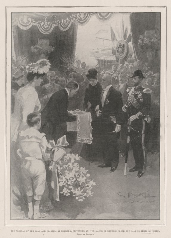 Die Ankunft des Zaren und der Zarin in Dünkirchen, 18. September, der Bürgermeister überreicht Brot und Salz an Ihre Majestäten von G.S. Amato