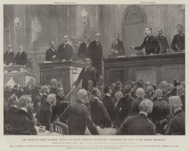 Der Tod von Königin Victoria, Graf von Bülow, Reichskanzler, verkündet die Nachricht im Deutschen Reichstag von G.S. Amato