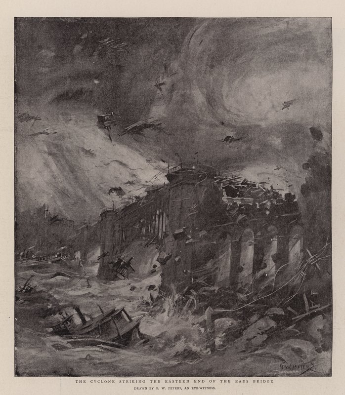 Der Zyklon trifft das östliche Ende der Eads-Brücke von G. W. Peters
