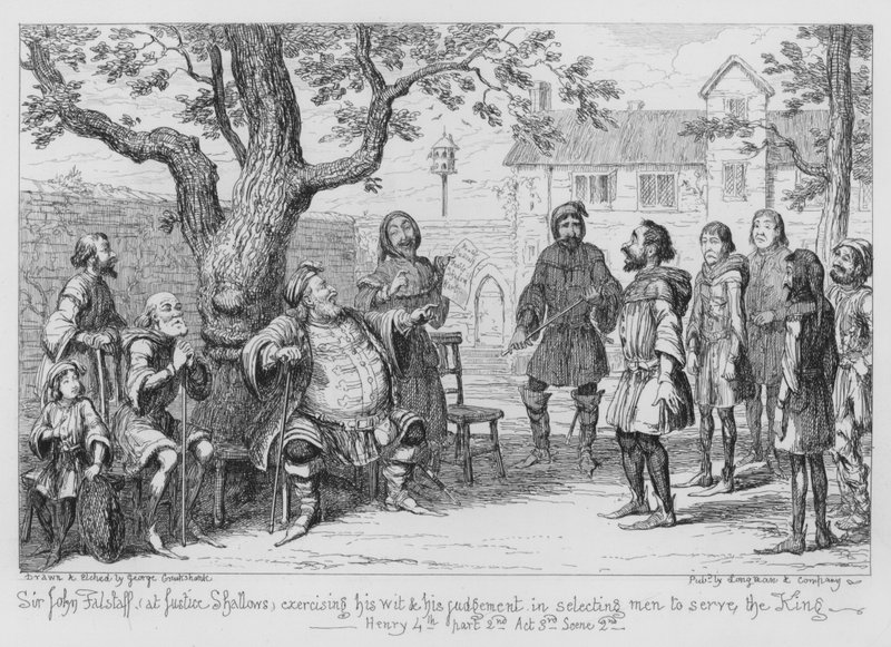 Sir John Falstaff bei Justice Shallow, übt seinen Witz und sein Urteil bei der Auswahl von Männern, die dem König dienen sollen von George Cruikshank