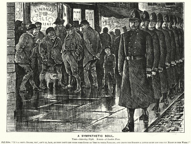 Punch-Karikatur: Eine mitfühlende Seele - Polizeiarbeit in den Slums von London von George (after) Du Maurier
