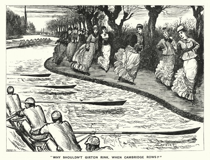 Punch-Karikatur: Warum sollte Girton nicht Schlittschuh laufen, wenn Cambridge rudert? (Stich) von George (after) Du Maurier