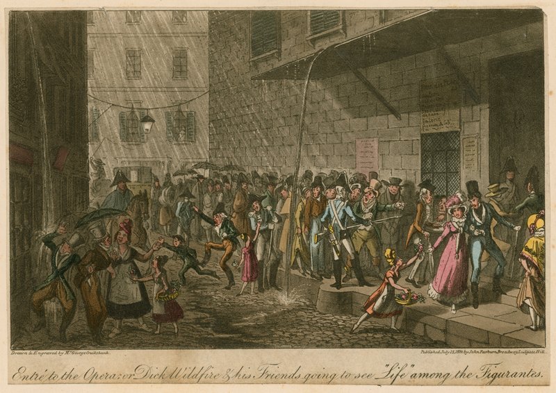 Eintritt in die Oper; oder, Dick Wildfire und seine Freunde gehen das Leben unter den Figuranten sehen von George Cruikshank