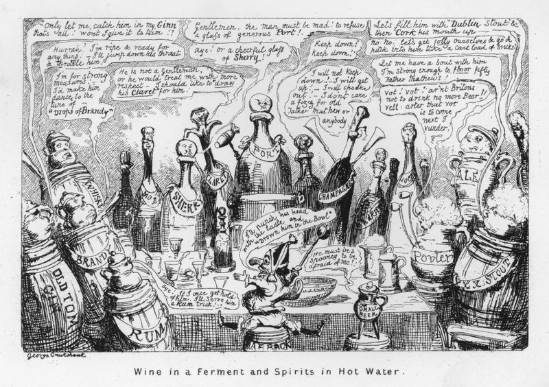 Wein in Gärung und Spirituosen in heißem Wasser (Stich) von George Cruikshank