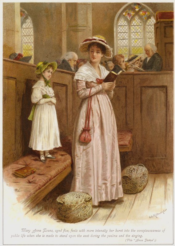 Mary Anne Evans, fünf Jahre alt, fühlt mit mehr Intensität ihren Eintritt in das öffentliche Leben, als sie während der Psalmen und des Singens auf den Sitz gestellt wird von George Goodwin Kilburne