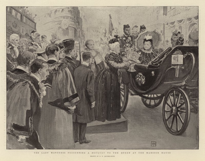 Die Lady Mayoress überreicht der Königin einen Blumenstrauß im Mansion House von George Percy Jacomb Hood