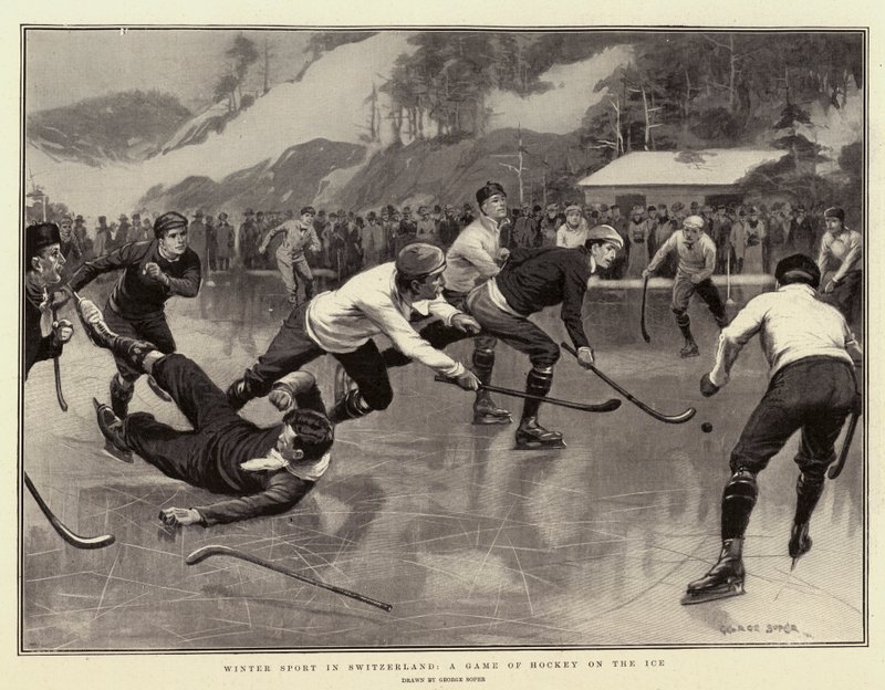 Wintersport in der Schweiz, ein Hockeyspiel auf dem Eis von George Soper