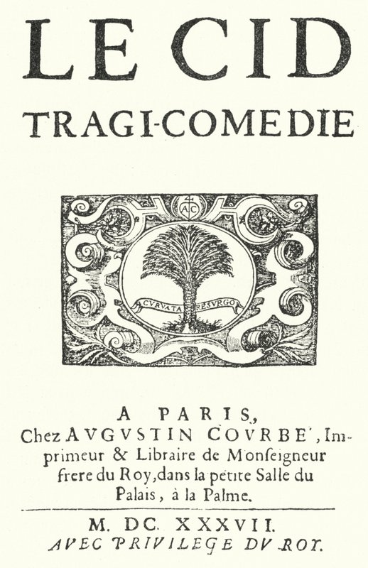 Titelseite der ersten Ausgabe von Le Cid von Pierre Corneille, veröffentlicht 1637 von German School