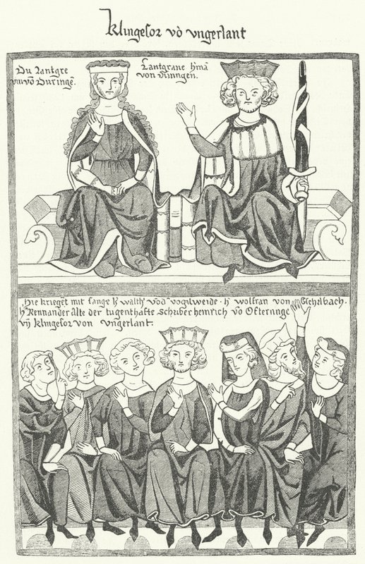 Eine Darstellung des Sängerkriegs, ein Wettstreit zwischen Minnesängern auf der Wartburg in Thüringen im Jahr 1207, aus dem Codex Manesse (Stich) von German School