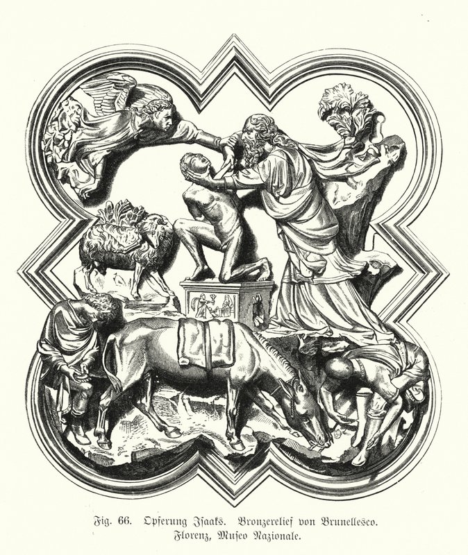Abraham opfert seinen Sohn Isaak, Bronzereleif von Filippo Brunelleschi (Gravur) von German School