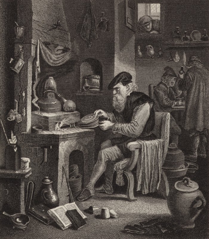 Alchemist bei der Arbeit. Illustration für Bilder-Atlas (Gravur) von German School