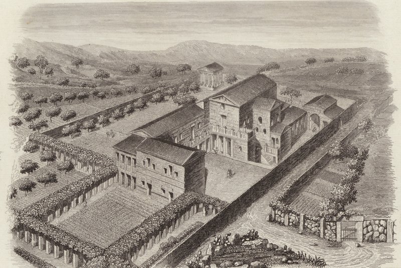 Antikes griechisches Landhaus in Al-Barah, Syrien. Illustration für Bilder-Atlas (Gravur) von German School