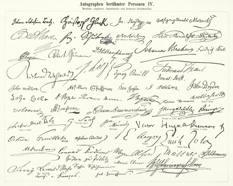 Autogramme berühmter Personen: Komponisten, Musiker und englische, französische und deutsche Schriftsteller (Stich) von German School