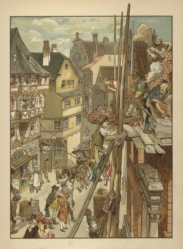 Bauarbeiter bei der Arbeit an einem Haus von German School