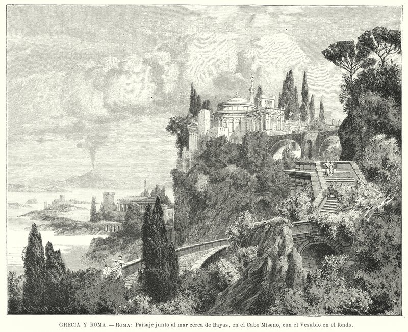 Küstenlinie der Bucht von Neapel von der antiken römischen Stadt Baiae, Kap Miseno, mit Vesuv im Hintergrund von German School
