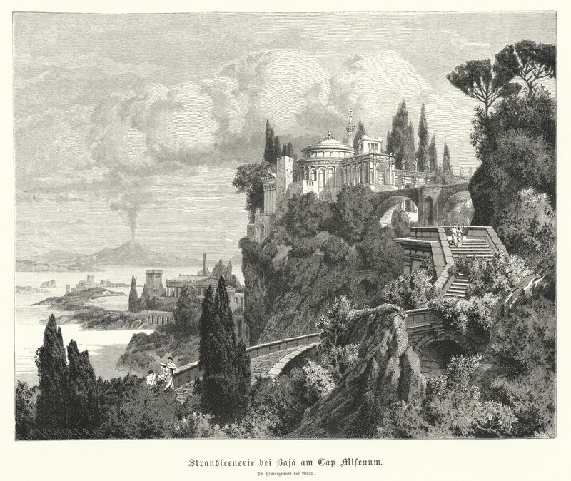 Küste der Bucht von Neapel von der antiken römischen Stadt Baiae, Kap Miseno, mit Vesuv im Hintergrund von German School