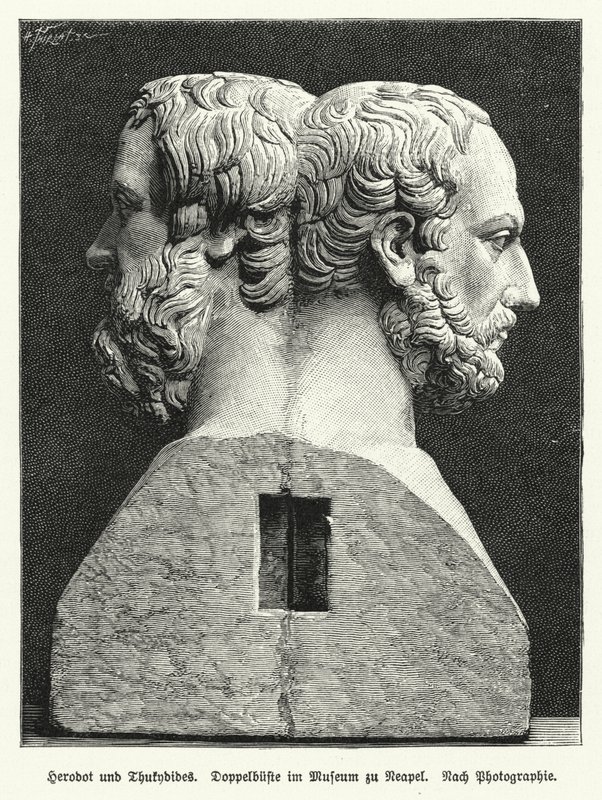 Doppelbüste von Herodot und Thukydides, antike griechische Historiker (Lithographie) von German School