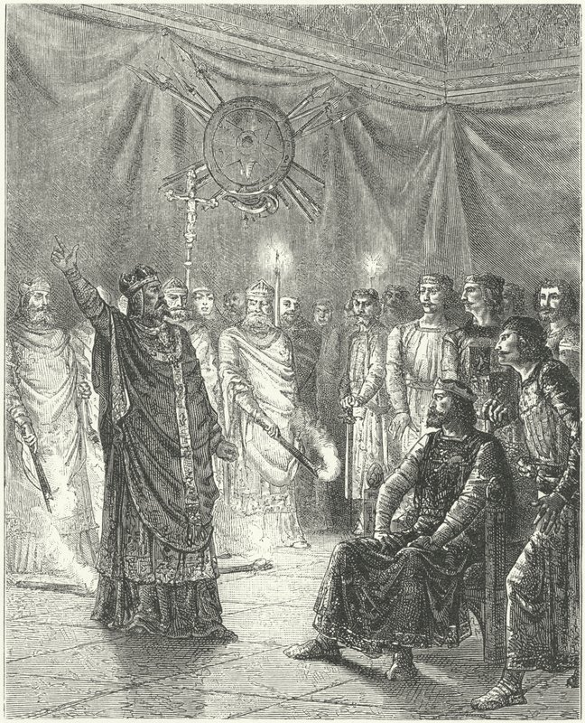 Edmund Rich, Erzbischof von Canterbury, droht König Heinrich III. mit Exkommunikation von German School