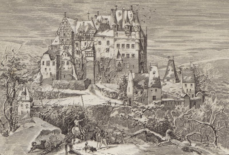 Burg Eltz, in den Hügeln über dem Moseltal, Deutschland, wie sie Ende des 16. Jahrhunderts aussah (Lithografie) von German School
