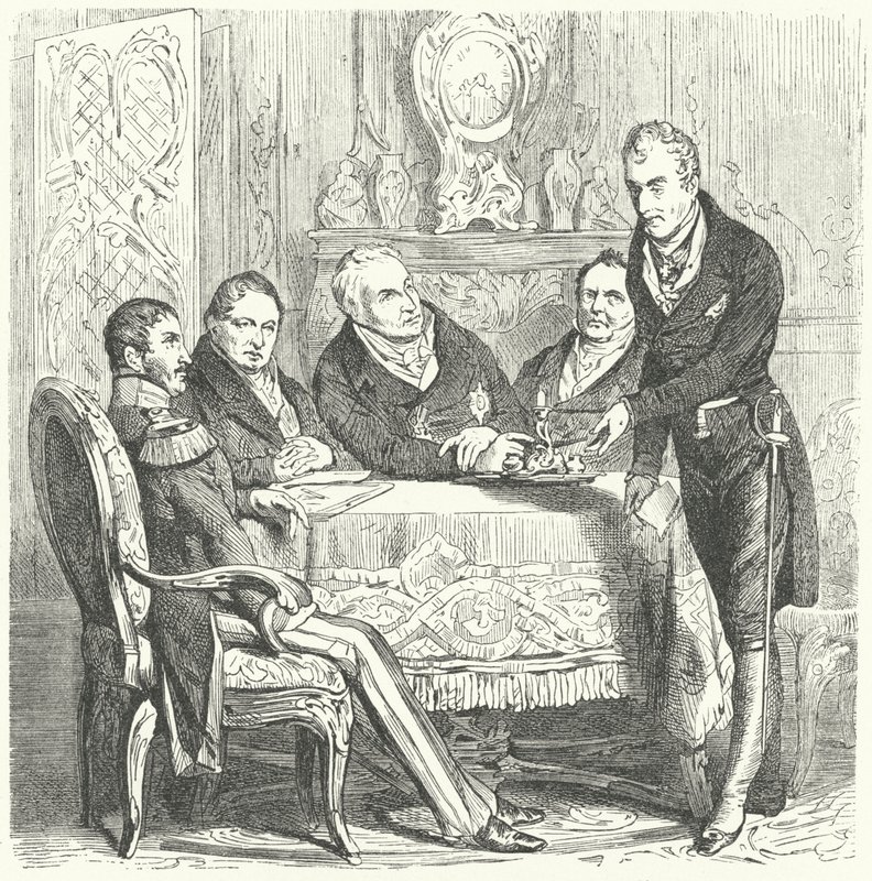 Friedrich Wilhelm III. von Preußen im Gespräch mit seinem Premierminister Karl August von Hardenberg und Klemens von Metternich, dem österreichischen Außenminister (Stich) von German School