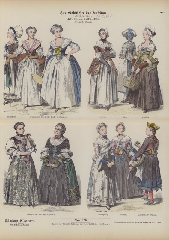 Französische und deutsche bürgerliche Frauenkostüme, spätes 18. Jahrhundert (farbige Gravur) von German School