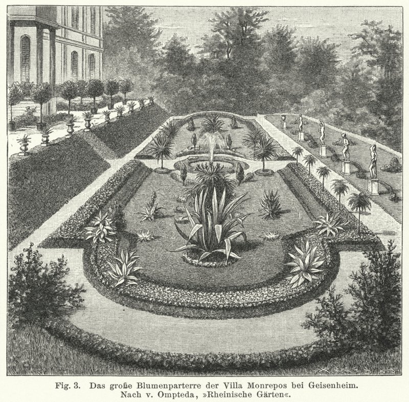 Gartengestaltung: Großes Parterre in Monrepos, Anwesen des Bankiers und Amateurastronomen Heinrich Eduard von Lade, Geisenheim, Deutschland (Stich) von German School