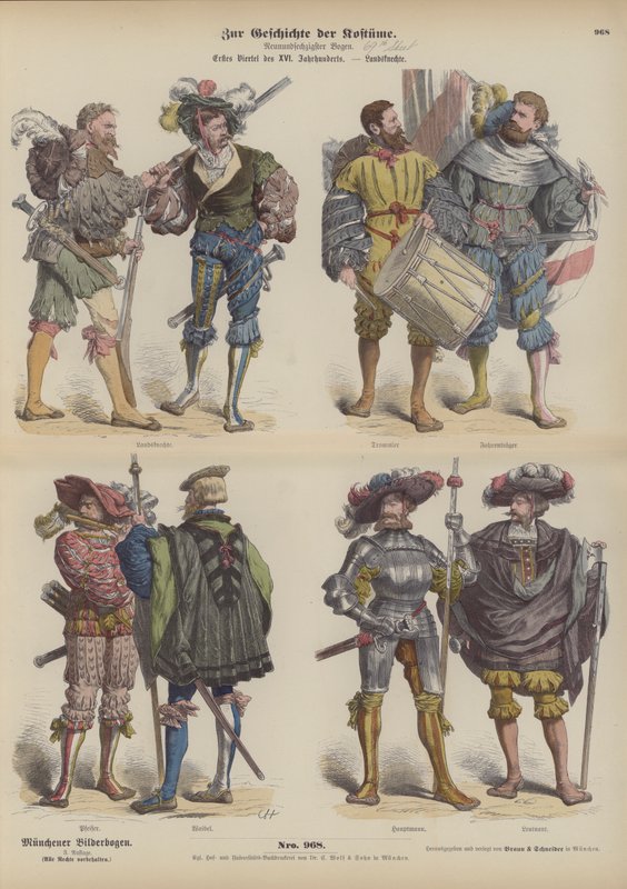 Deutsche Landsknechte (Söldner), frühes 16. Jahrhundert (farbige Gravur) von German School
