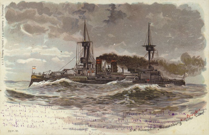 Deutsches Schlachtschiff SMS Weissenburg, Ende des 19. oder Anfang des 20. Jahrhunderts (Farblitho) von German School