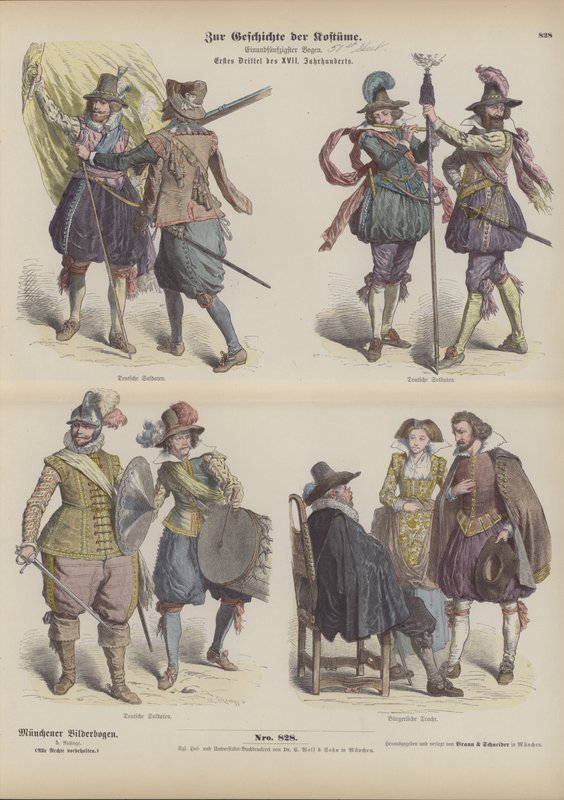 Deutsche Militär- und Bürgerkostüme, frühes 17. Jahrhundert (farbiger Stich) von German School