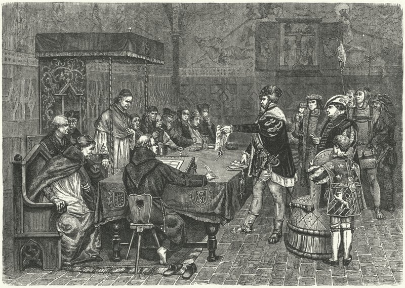 Gustav I. Wasa, König von Schweden, konfrontiert Peter Sunnanvader, Bischof von Västerås von German School