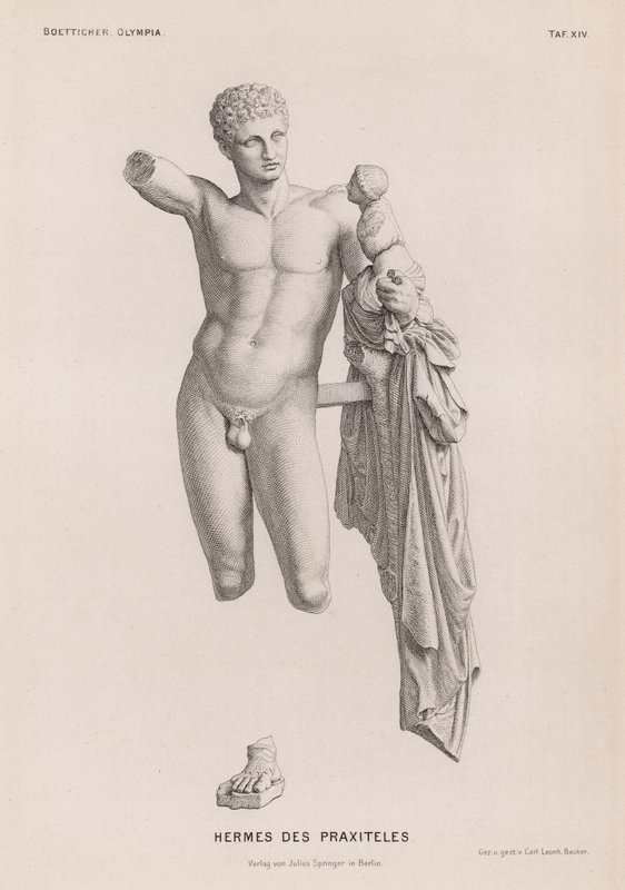Hermes und der kleine Dionysos, Skulptur zugeschrieben Praxiteles, ausgegraben in Olympia, Griechenland (Gravur) von German School