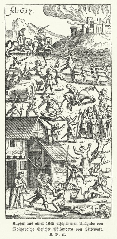Illustration aus einer Ausgabe von 1645 des deutschen Schriftstellers Johann Michael Moscheroschs satirischem Werk Wunderliche und Wahrhafftige Gesichte Philanders von Sittewald (Lithografie) von German School