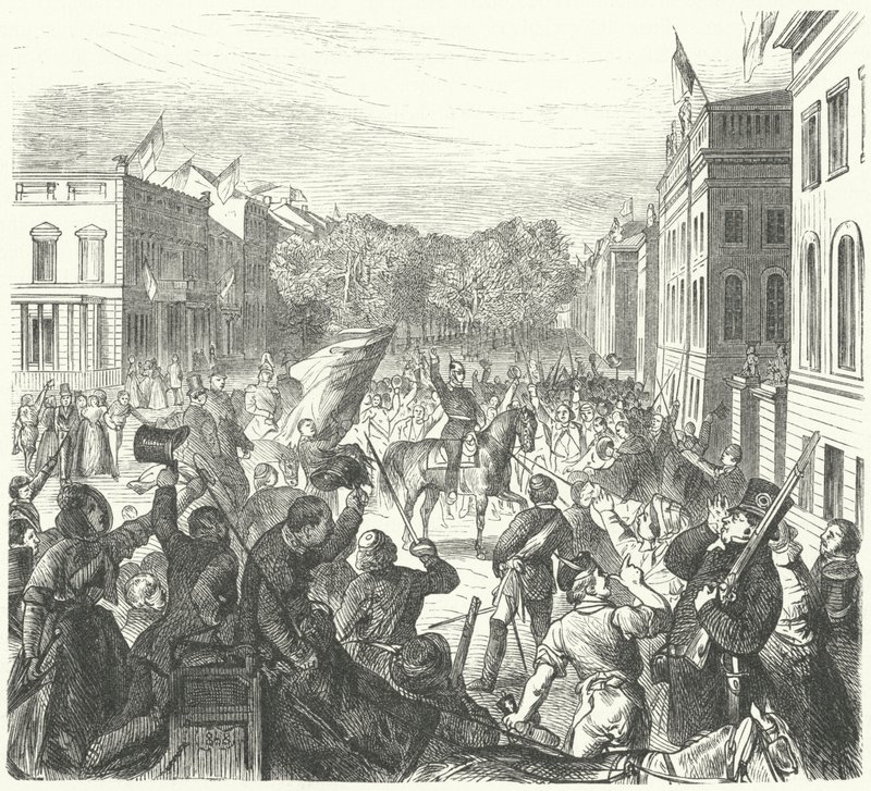 König Friedrich Wilhelm IV. von Preußen reitet an der Berliner Universität vorbei auf dem Weg zu einer Massenbeerdigung von Zivilisten, die bei Unruhen getötet wurden, 21. März 1848 (Stich) von German School