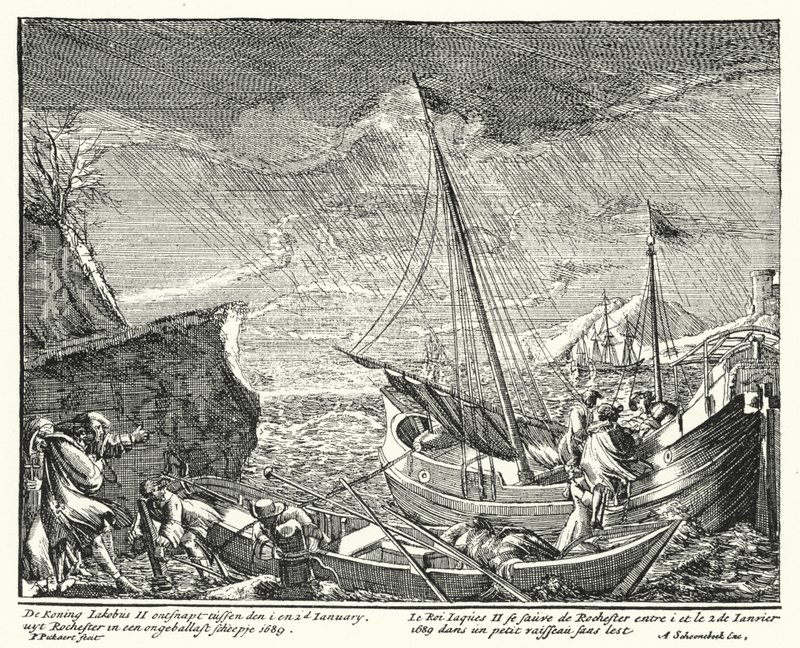 König James II. flieht aus England und verlässt Rochester in einem kleinen Boot von German School