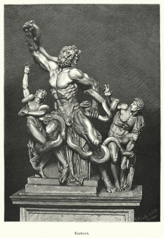 Laokoon und seine Söhne, antike griechische oder römische Skulptur, 1506 in Rom ausgegraben (Gravur) von German School